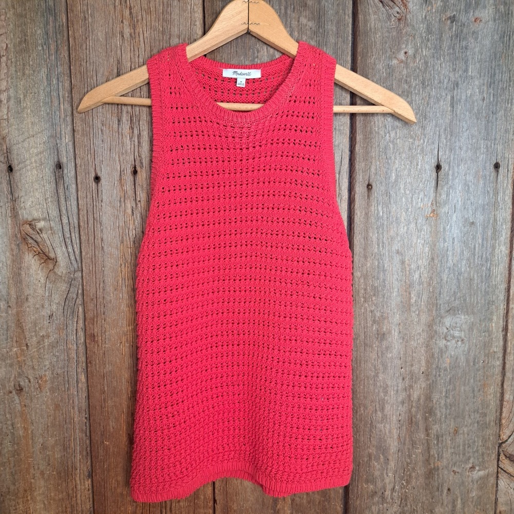 Boho Cottage Textural Madewell Coral Crochet-Knit Crew Neck Sweater Tank Women M